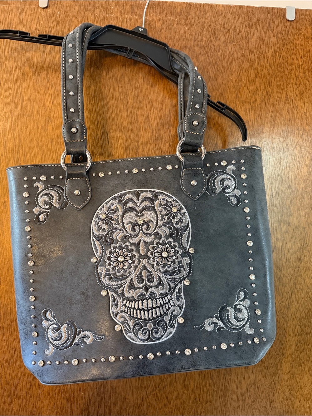 Embroidered Sugar Skull Tote Bag in Charcoal Gray